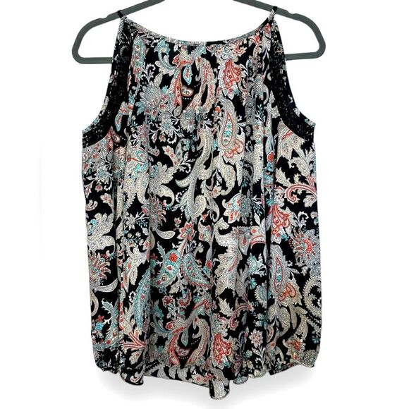 Sam & Jo Cold Shoulder Knit Lace Cut Out Key Hole Paisley Floral Blouse L - Picture 6 of 6